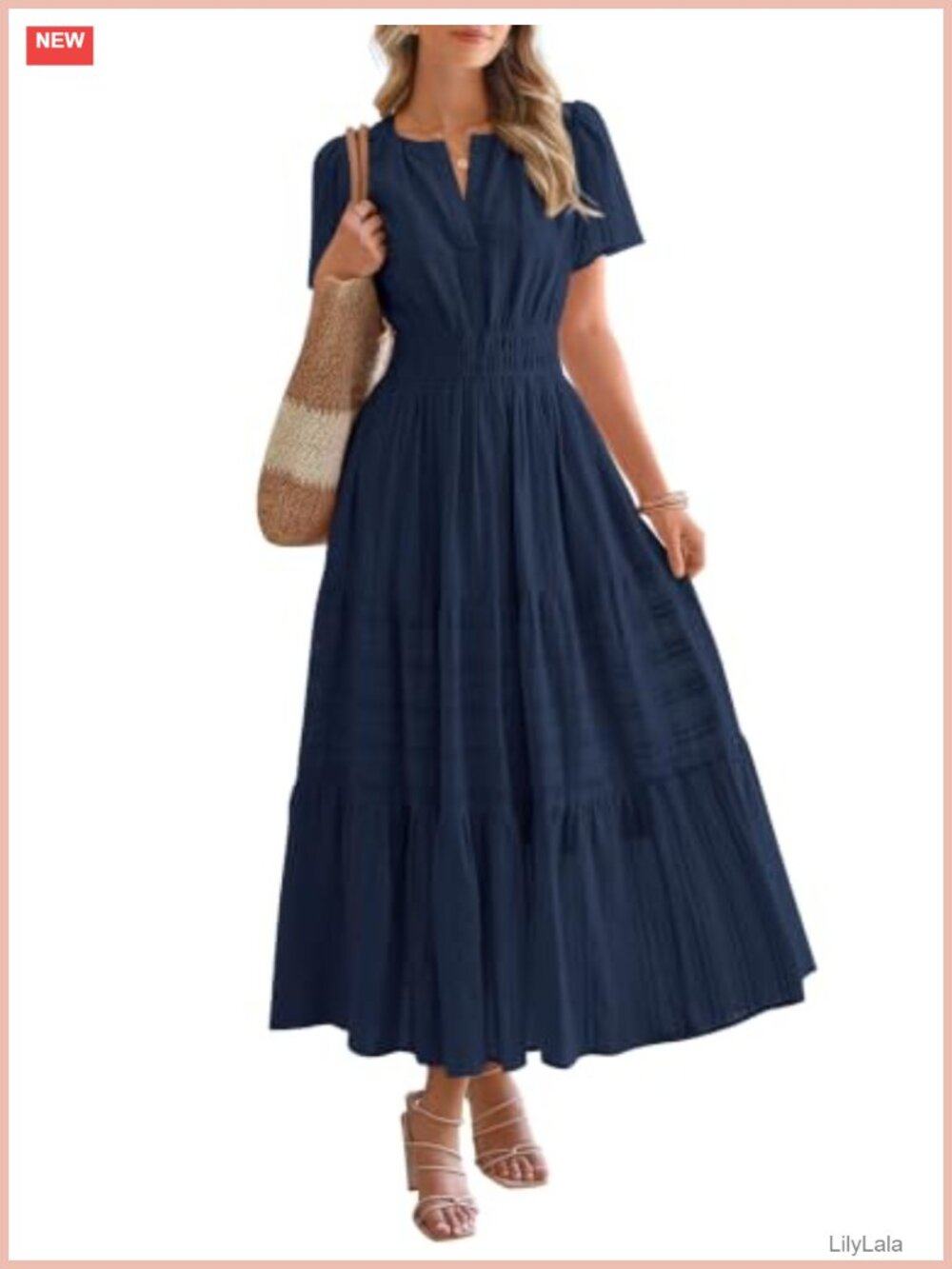 Women's Summer Maxi Dress Lightweight Short Sleeve V Neck Tiered Ruffle